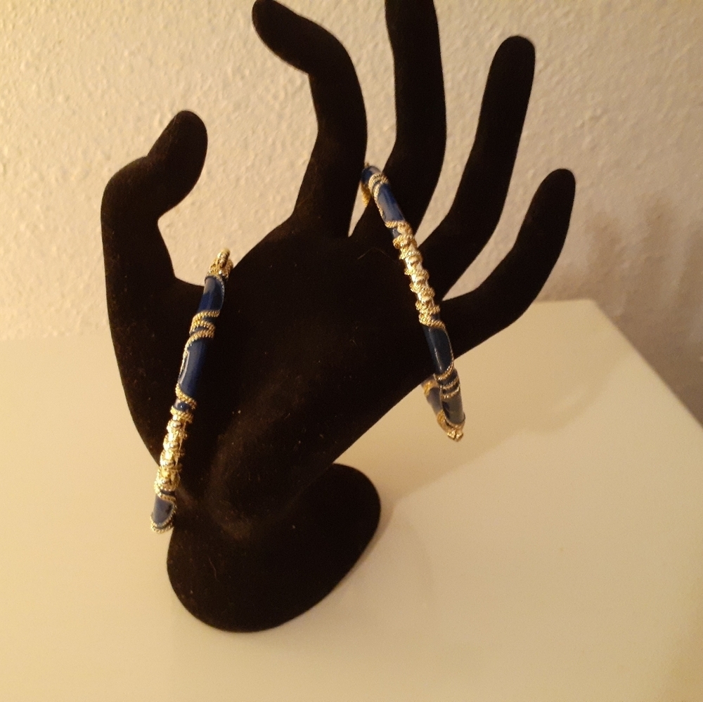 2 Vintage Gold Tone & Navy Enamel Bangle Bracelets